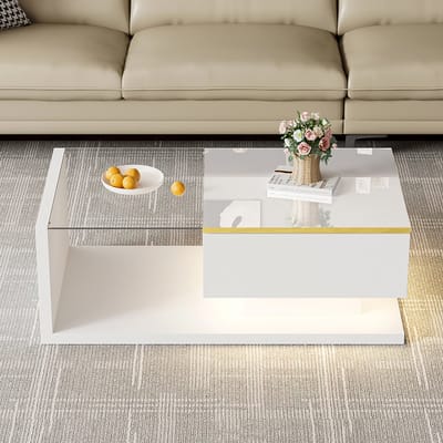 Komhtom Salontafel van 90 cm langglanzend wit. Bijzettafelssalontafels met glas en LED-effect.