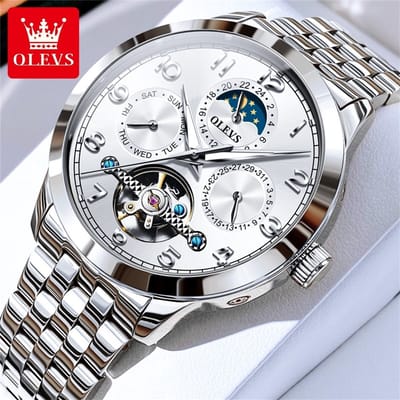 HO-7018.z : OLEVS mechanisch zilverkl edelstalen Tourbillon horloge, alphin witte wijzerplaat, seconden Skeleton, dag & dag vd maand & 24u/maanfase -aanduiding