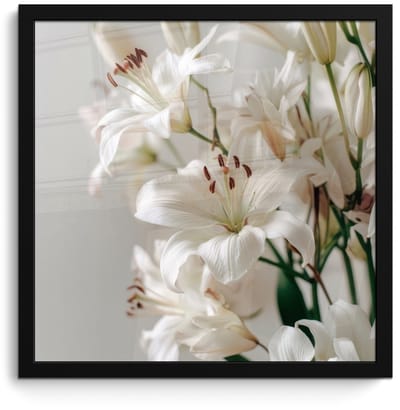 Poster in lijst - Fotolijst 40x40 cm - Posters - Lelies - Boekte - Wit - Meeldraden - Posterlijst zwart - Decoratie - Wanddecoratie woonkamer - Muurdecoratie slaapkamer