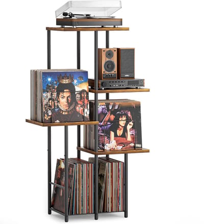 Dailygoods- Platenkast Vintage Houten Meubel - Platenspeler Standaard - Vinyl Opbergruimte - Displayplank voor Albums - Hoge Console - Mid-Century Modern Stijl - Vinylkast