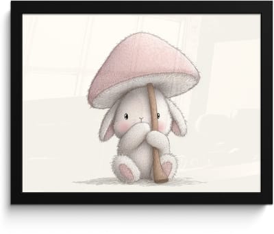 Poster in lijst - Fotolijst 40x30 cm - Posters - Paddenstoel - Konijn - Roze - Posterlijst zwart - Decoratie - Wanddecoratie woonkamer - Muurdecoratie slaapkamer