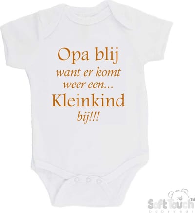 100% katoenen Romper "Opa blij want er komt weer een kleinkind bij!!!" Unisex Katoen Wit/tan Maat 56/62