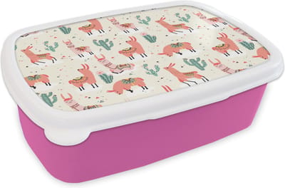 Broodtrommel Roze - Lunchbox - Brooddoos - Lama - Patronen - Cactus - 18x12x6 cm - Kinderen - Meisje