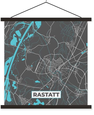 Posterhanger incl. Poster 40x40 cm - Schoolplaat - Stadskaart – Plattegrond – Duitsland – Blauw – Rastatt – Kaart - Textielposter - Zwarte latten - Stadskaart