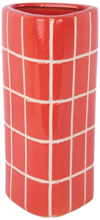 Present Time Vaas Retro Tiles - Helderrood - 12.6x11.5x26cm - Keramiek - Modern - Bloemenvaas - Woondecoratie - Decoratieve vaas voor woonkamer of slaapkamer