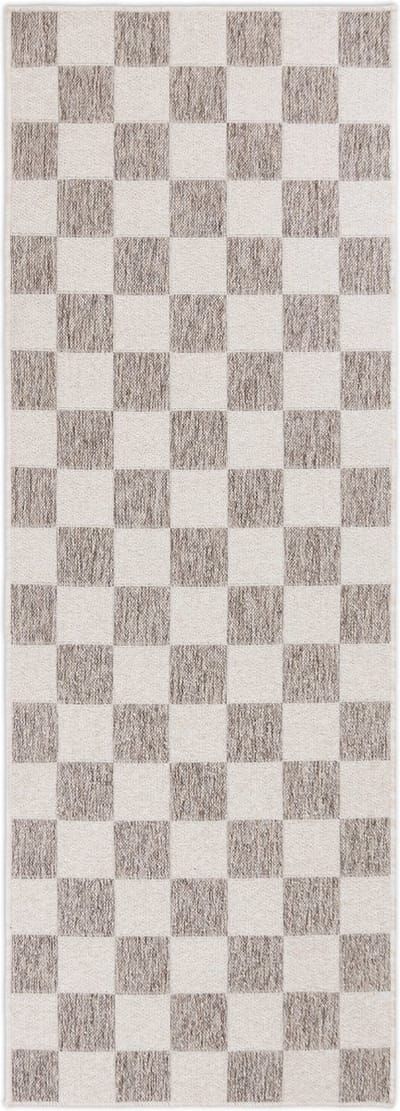 Vloerkleed voor binnen en buiten, Antislip - Dambord Creme Taupe - 80cm x 220cm - Balkon Terras Keuken, UV- en Weersbestendig, Modern Tuintapijt