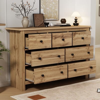 Wishdor Dressoir Met 7 Lades - Grote Opbergruimte - Moderne Landelijke Stijl - Spaanplaat - Houtkleur - 152 x 40 x 89 cm