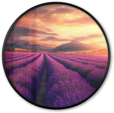 Poster in lijst Rond - Fotolijst 60x60 cm - Posters - Lavendelveld - Zonsondergang - Paars - Ronde posterlijst zwart - Decoratie - Wanddecoratie woonkamer - Muurdecoratie slaapkamer