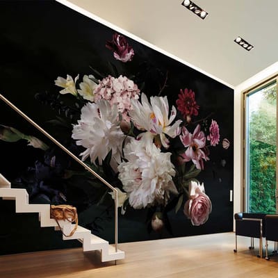 Fotobehang bloemen zwart geel, Fotobehang met rozen in roze zwart, 3D bloemenbehang, 3,5 x 2,55 m, BRICOFLOR.nl