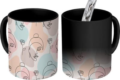 Magische Mok - Foto op Warmte Mokken - Koffiemok - Vrouw - Bloemen - Line Art - Pastel - Patroon - Magic Mok - Beker - 350 ML - Theemok