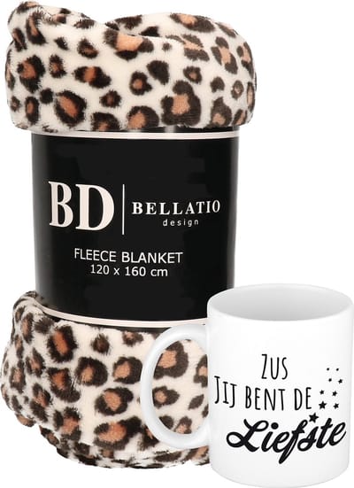 Cadeau zus set - Fleece plaid/deken luipaard print met Zus jij bent de liefste mok - Zussen ontspanning cadeau kerst, Sint, verjaardag