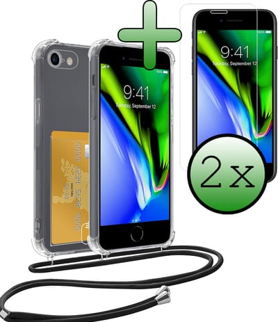 Hoes Geschikt voor iPhone 7 Hoesje Pas Houder Shock Proof Case Hoes Met Koord Met 2x Screenprotector - Hoesje Geschikt voor iPhone 7 Hoes Met Telefoonkoord Pasjeshouder Cover - Transparant