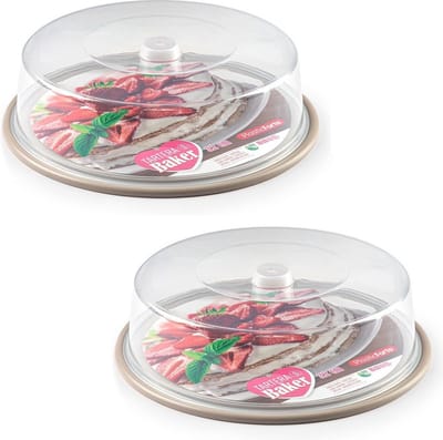 PlasticForte Taartstolp - 2x - transparant - 32 x 9,5 cm - taart / gebak bewaardoos - taupe bodem