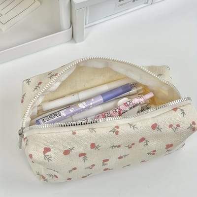 Schattig Etui van Canvas met Bloemenprint, Grote Capaciteit, Studenten Etui Organizer met Ritssluiting, Perfect voor Pennen, Stiften & Schoolspullen 1pc beige