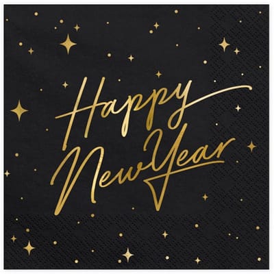 PARTYDECO - 20 papieren servetten Happy New Year zwart en goud 33 x 33 cm sterrendecor