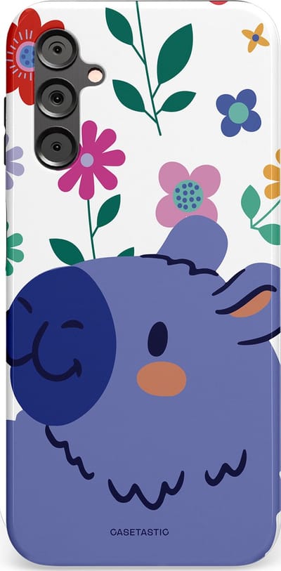 Casetastic Hoesje Geschikt voor Samsung A14 (5G/4G) - Stijlvolle Beschermende Duo-layer Case - Capibara Bloempje Blauw