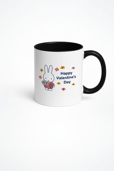 Valentijnsdag Mok met Schattig Konijn & Bloemen - Happy Valentine's Day Cadeau - Origineel Liefdesgeschenk