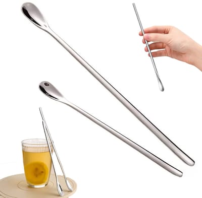 2 stuks - IJstheelepel - Roerlepel met lange steel van roestvrij staal - Koffielepel - Cocktaillepel - Roestvrijstalen theelepel - Theelepel - Zilver - 22,2 cm en 26 cm - Geschikt voor koffie cocktails en ijsthee