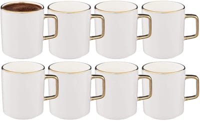 Secret de Gourmet Koffiemokken Athena - 8x stuks - Keramiek - wit/goud - 350 ml - 8 x 9 cm