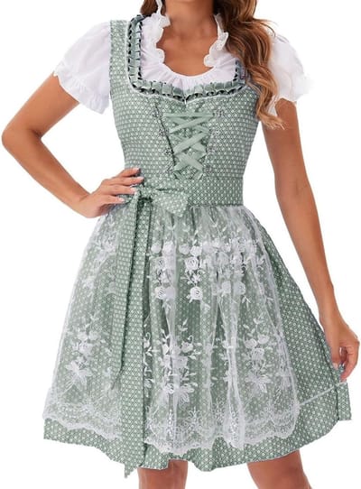 Dirndl Jurk voor Dames - Oktoberfest Kostuum met Blouse, Kant, Midi Rok en Schort - Traditionele Folk Party Outfit in Groen en Wit