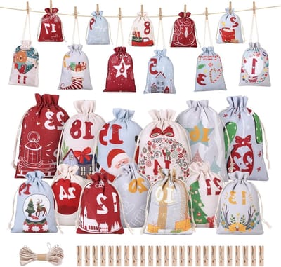 Adventskalender voor het zelf vullen, 24 stuks, stoffen zakjes, kerstdecoratie, feestdagen, DIY adventskalender