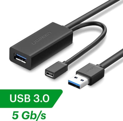 UGREEN USB 3.0 verlengkabel 5 meter USB 3.0 naar USB 3.0 met Micro USB stroomtoevoer - Extension cable voor Laptops en desktop computer - 5m - Zwart