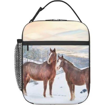 Paarden met Sneeuw en Zonsondergang Heuvels Geïsoleerde Lunchtas voor Vrouwen Kinderen Draagbare Voedseldozen Thermische Lunchbox Tote One Size gray