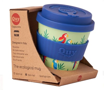 Quy Cup 230ml Ecologische Reis Beker - “Pappagallo" - BPA Vrij - Gemaakt van Gerecyclede Pet Flessen met Blauw Siliconen deksel