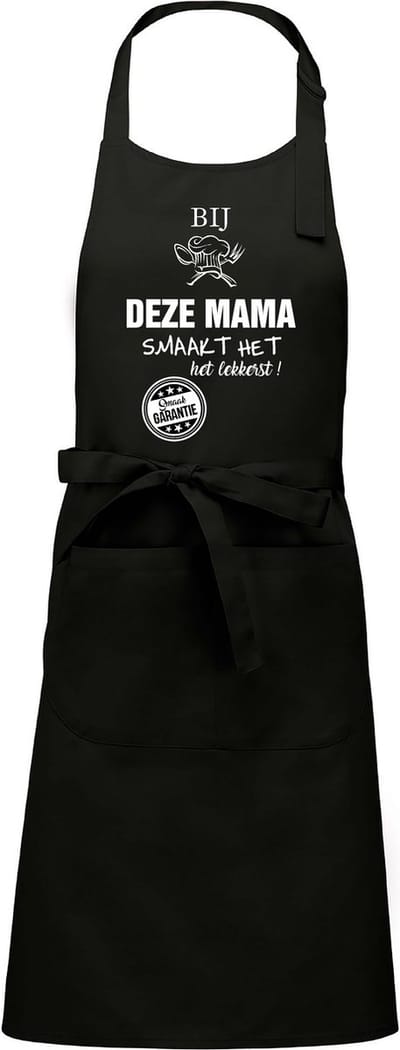 Cadeauschort - tekstschort - Keukenschort - BBQ schort - verjaardag - moederdag - het smaakt het lekkerst bij deze Mama - zwart