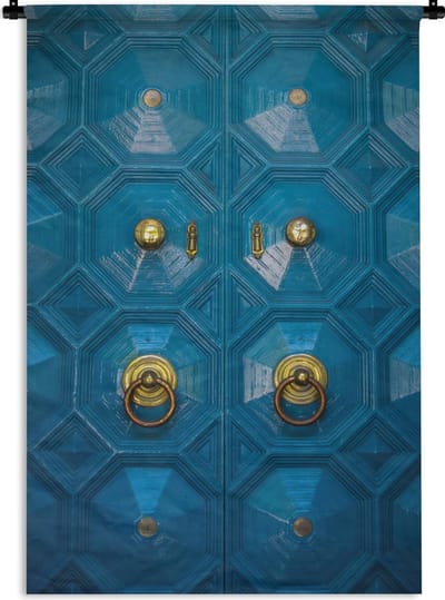 Wandkleed Deur - Blauwe deur met gouden decoratie Wandkleed katoen 60x90 cm - Wandtapijt met foto