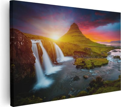 Artaza Canvas Schilderij Landschap - 30x20 cm - Klein - Wanddecoratie Waterval - Muurdecoratie Natuur - Schilderijen Op Canvas Zonsondergang