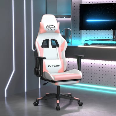 vidaXL - Massage - gamestoel - met - voetensteun - kunstleer - wit - en - roze