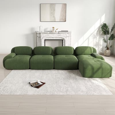 BLACKCOLORS Hoekbank met 4 zitplaatsen met zeer elastische 32D-vulling, antislip, met chaise longue, extra brede armleuningen, vrij te combineren, zonder montage, voor kantoor, woonkamer en thuisbioscoop, groen