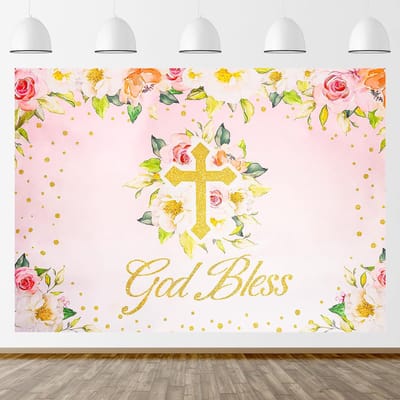 VT Goods - God Bless Communie - Eerste Heilige Communie Achtergrond - Roze Bloem - Baby Shower Fotografie - Geschikt voor Meisjes - 23,2 x 17,2 cm