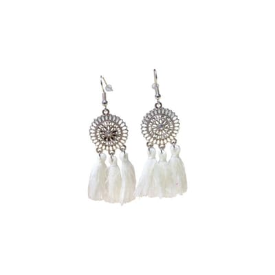 Aramat Jewels | Oorbellen | Zomerse Boho Oorhangers Kwastjes Wit 75mm | | | |21mm | Staal | Volwassenen | Verkleurd niet