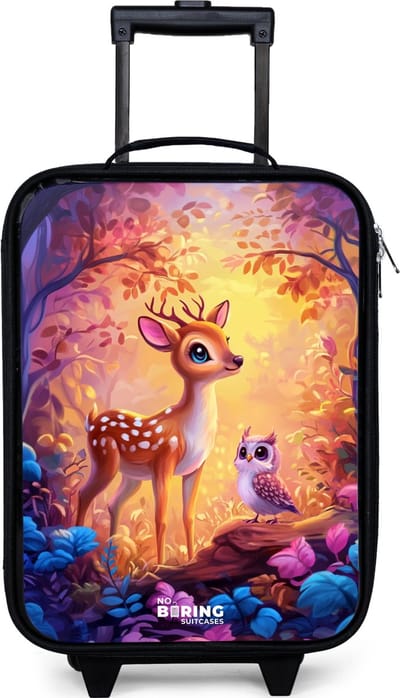 NoBoringSuitcases.com® - Kinderkoffer jongen - Kindertrolley meisje - Hertje en uil in een roze sprookjesbos - Koffer kind lichtgewicht - Reiskoffer trolley voor kinderen - Koffertje met lichtgevende wieltjes - Rolkoffer zwart