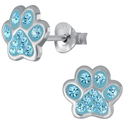 Joy|S - Zilveren kat hond dieren poot oorbellen - 8 mm - kristal aqua blauw - dierenpoot