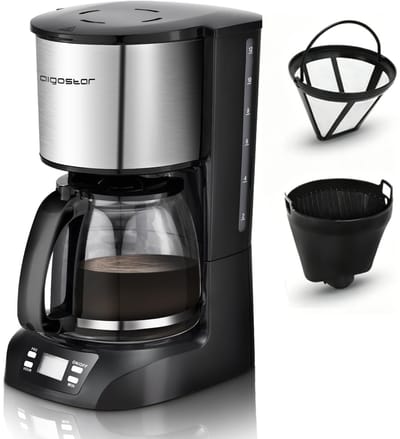 Aigostar Koffiezetapparaat Filterkoffie - 1.5L Glazen Kan - 12 Kopjes - Met 24u Timer & Warmhoudfunctie - LCD-display - Zwart/RVS