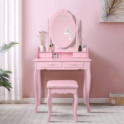 Kaptafel met Spiegel en 4 Lades in Roze - Landelijke Stijl voor Dames en Meisjes