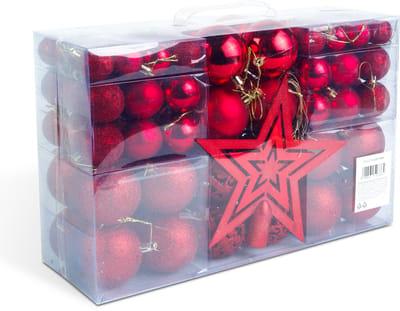Kerstballen Set Met Kerstboom Piek – Rode Kerstversiering – Mix Van Glanzend Mat En Glitter – Kunststof Onbreekbaar – Voor Kerstboom Decoratie – Ø3 Ø4 Ø6 Cm – Piek 20 Cm [EDO-3084]