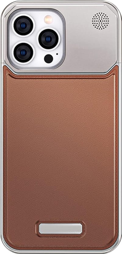 Metalen Aromatiserend Frame Hoesje geschikt voor iPhone 16 Pro – Luxe Lederen Case in je handpalm – Bruin