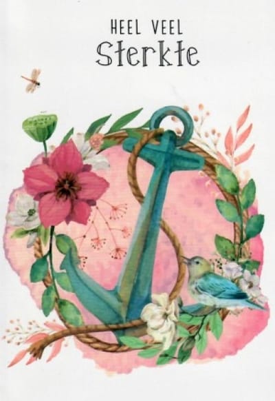 Heel veel sterkte in deze moeilijke tijd! Steek iemand een hart onder de riem met deze kaart waar een vogel en bloemen op staan. Een dubbele wenskaart inclusief envelop en in folie verpakt.
