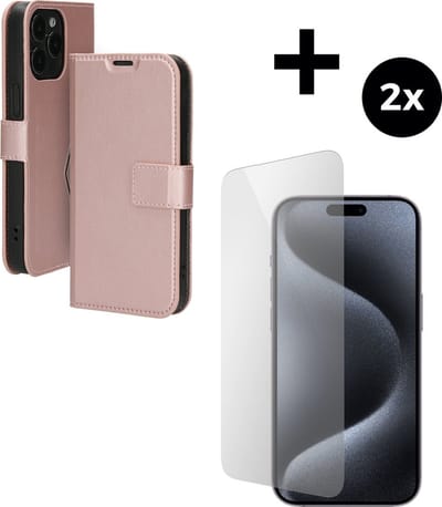 Mobiparts Classic Wallet hoesje geschikt voor Apple iPhone 15 Pro Max met 2 Screenprotectors van Gehard Glas - Roze