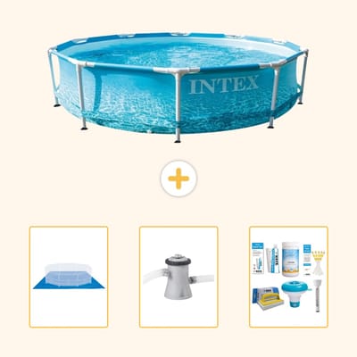 Intex Rond Frame Zwembad - 305 x 76 cm - Waterprint - Inclusief Grondzeil - Zwembadfilterpomp - Onderhoudspakket - 4-delig