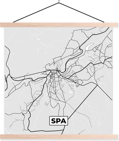 Posterhanger incl. Poster 40x40 cm - Schoolplaat - België – Spa – Stadskaart – Kaart – Zwart Wit – Plattegrond - Textielposter - Blanke latten - Stadskaart