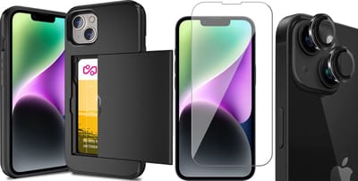 Hoesje met Pasjeshouder geschikt voor iPhone 15 - Screenprotector GlassGuard & Camera Lens Screen Protector Zwart - Back Cover SlideCase Zwart