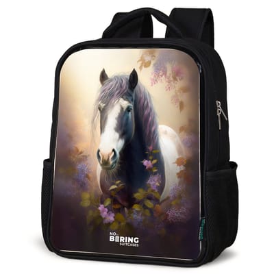 NoBoringSuitcases.com® - Rugzak zwart - Schooltas jongen & meisje - Paard - Bloesems - Paars - Rugtas voor school - Boekentas kind - Schoolrugzak - Kinderrugzak