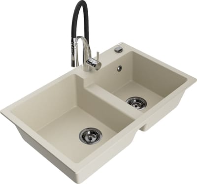 Mexen Tomas granieten spoelbak met 2 compartimenten en Astera keukenmengkraan, beige - 6516-69-73450-07-B