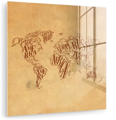® Glasschilderij 90x90 cm - Schilderij acrylglas - Wereldkaart - Vintage - Papyrus - Foto op glas - Muurdecoratie woonkamer - Wanddecoratie slaapkamer - Schilderijen