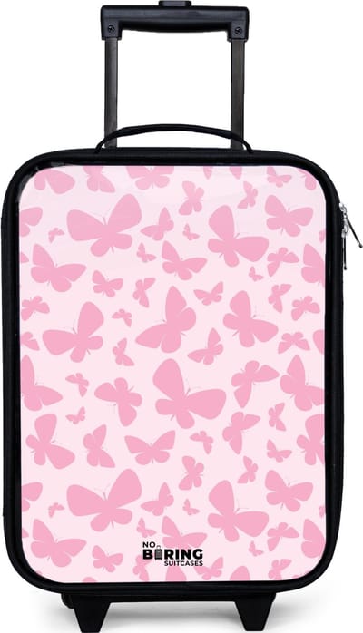 NoBoringSuitcases.com® - Kinderkoffer jongen - Kindertrolley meisje - Roze vlinders - Koffer kind lichtgewicht - Reiskoffer trolley voor kinderen - Koffertje met lichtgevende wieltjes - Rolkoffer zwart
